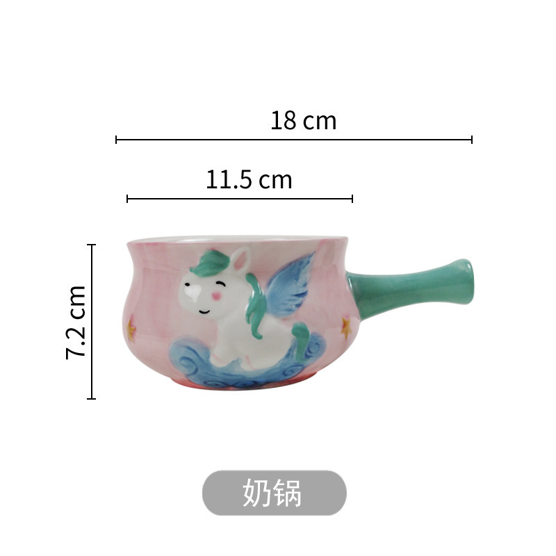 Cartoon Handle Bowl Unicorn Breakfast Bowl Single Handle Small Milk Boiling Pot Microwave Oven Underglaze Color Household Ceramic Tableware