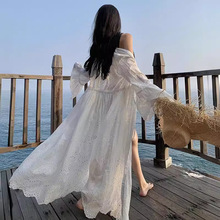 法式重工刺绣镂空喇叭袖开衫外套女氛围感海边度假白色超仙连衣裙