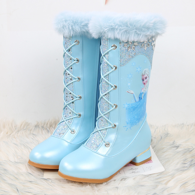 儿童高跟靴子冬季新款女童爱莎公主靴小女孩加绒雪地靴宝宝棉靴鞋