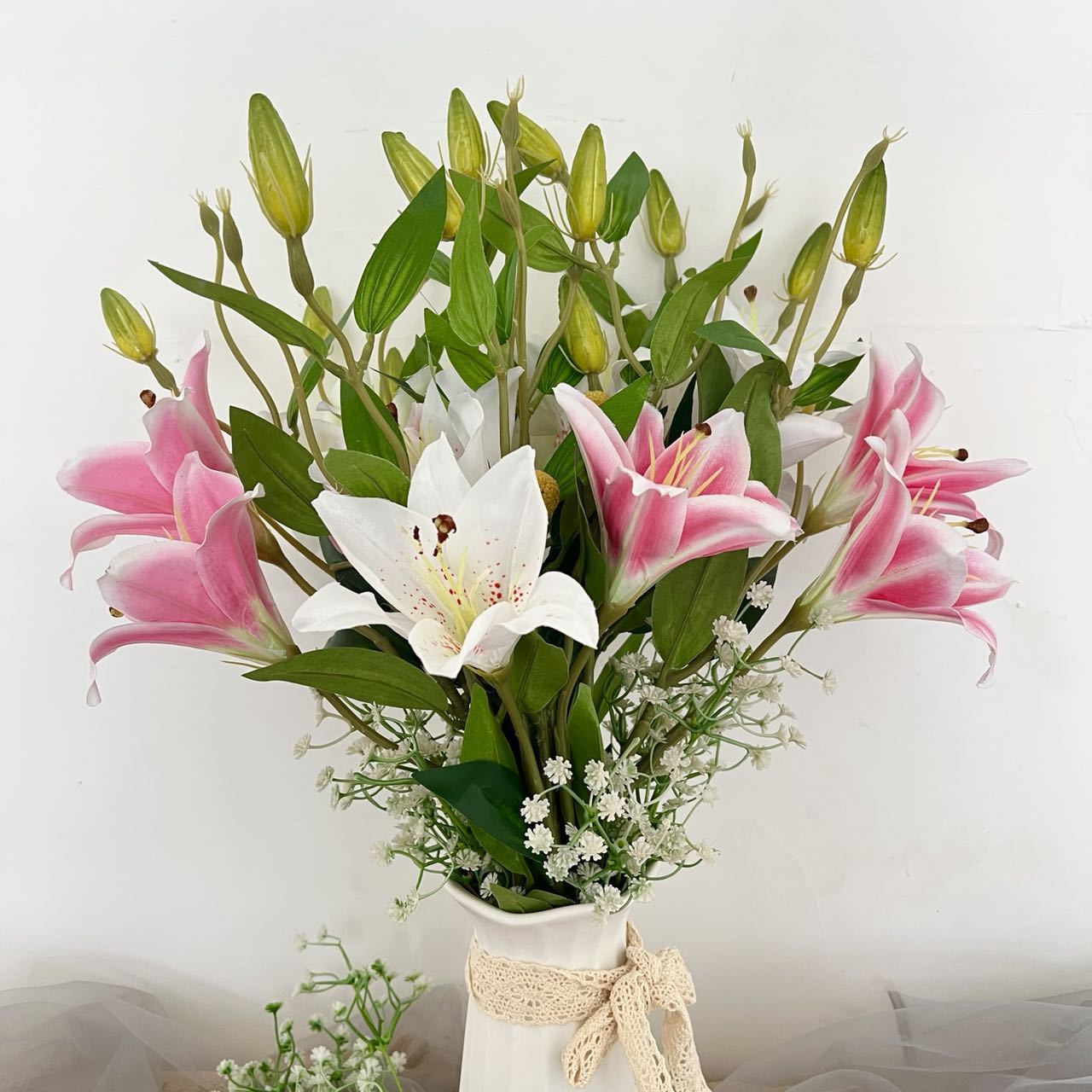 仿真香水百合仿真绢花3头3蕾百合花束绢布假百合花婚礼批发仿真花
