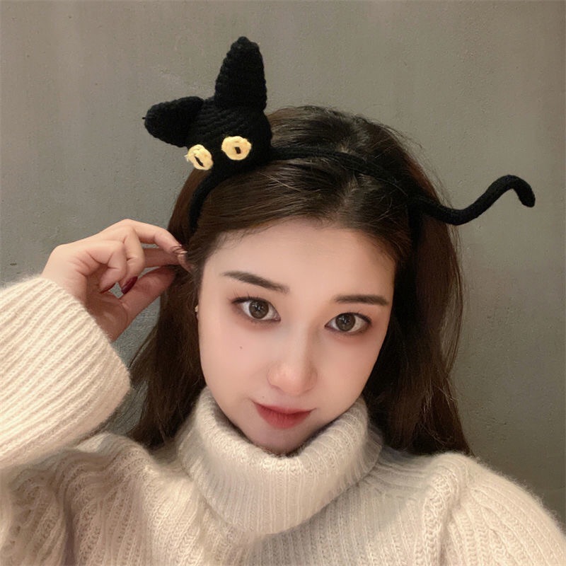 Three-Dimensional Cat Headband Hand-Knitted Tiger Headband Headdress Wool Woven Black Cat Face Washing Tiger Hairpin