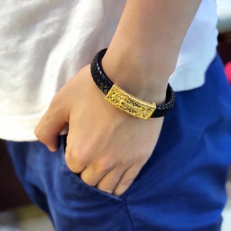 3d硬金足金999国潮手牌黄金老虎手绳男士情侣手环十字复古皮绳新
