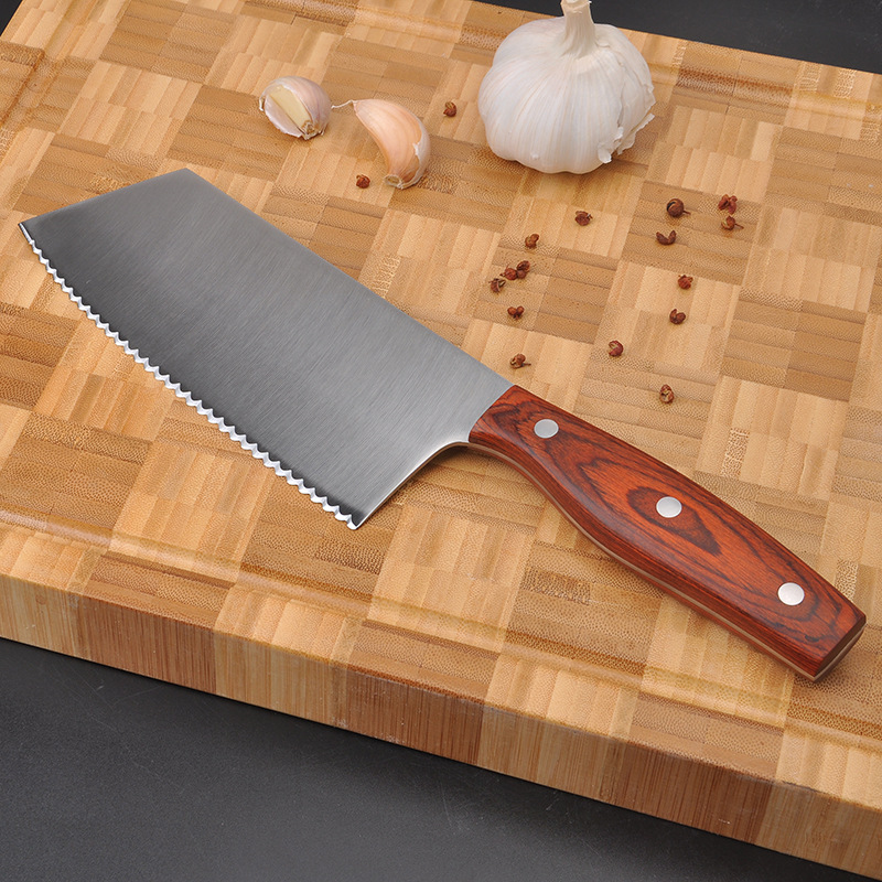 冻肉刀锯齿刀红彩木柄菜刀锋利解冻刀切冷冻肉调理刀厨用杀鱼剖鱼