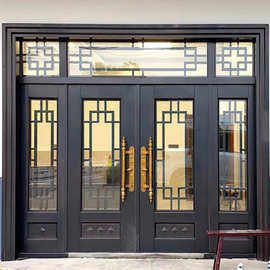 锌合金玻璃大门中式自建房庭院门别墅进户门家用防盗双开对开铜门