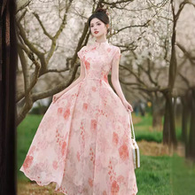 2024夏装新中式粉色改良旗袍高级感气质连衣裙仙女碎花宫廷风长裙