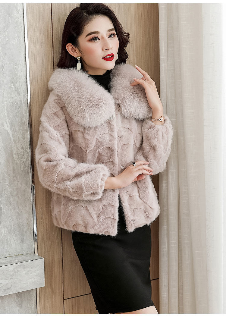 真水貂毛皮外套短款女狐狸毛领貂皮大衣拼貂海宁大码粗绒厚底保暖