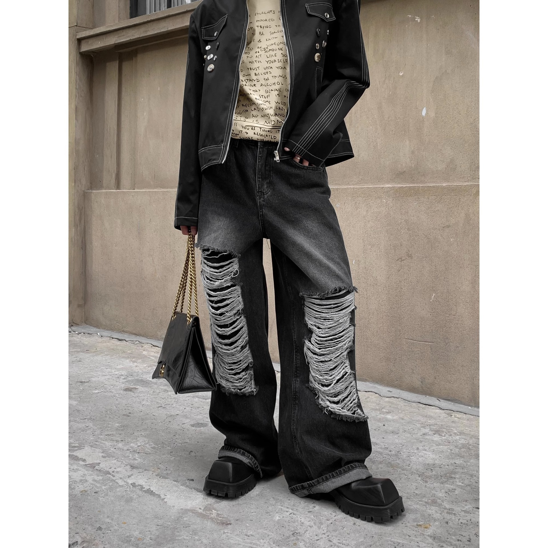 美式高街大破洞补丁牛仔裤男复古做旧直筒时髦休闲设计感长裤跨境