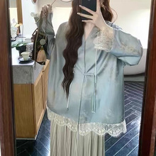 新中式高级感蓝色国风外套女春夏季拼接蕾丝盘扣提花薄款V领衬衫