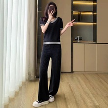韩国chic夏季法式小香风圆领拼色针织开衫+高腰包臀半身裙套装女