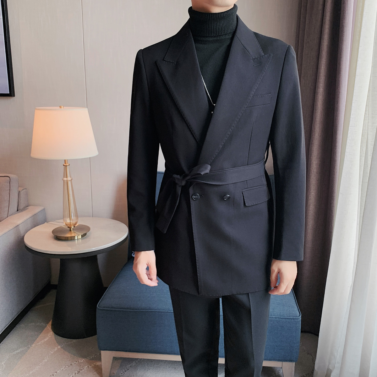 秋冬新款男士中长款西装英伦气质双排扣腰带设计休闲西服上衣外套