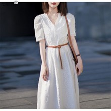 夏装新款优雅仙女裙子女中长款气质白色蕾丝收腰连衣裙