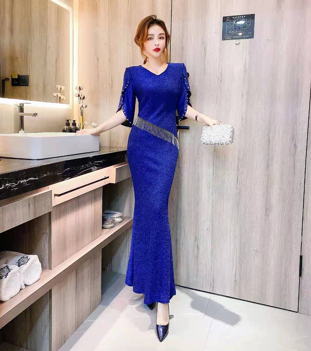 亮丝星空晚礼服新年晚会演出主持人长裙钉珠流苏修身包臀鱼尾裙女