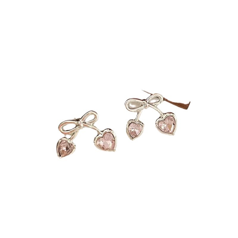 2024 New Pink Heart-Shaped Zircon Bow Stud Earrings Women's Light Luxury High Class Elegant All-Match Niche Design Earrings