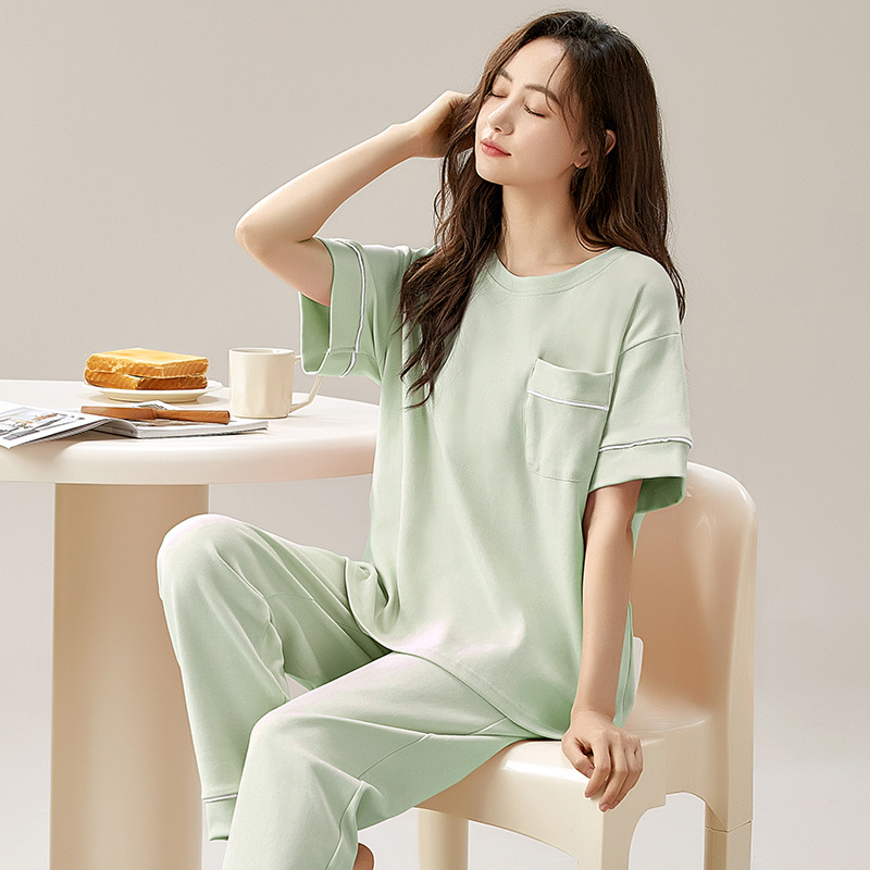 春夏薄款纯棉睡衣女短袖长裤休闲居家套装2024新款全棉女式家居服