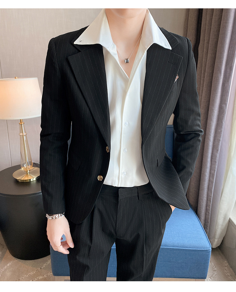 跨境新款男士西装两件套单排两粒扣条纹西服套装轻熟九分裤西装男