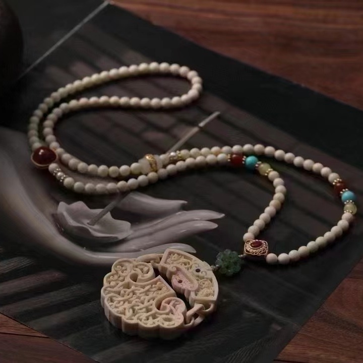 天然猛犸象牙 长串 手链项链 108颗佛珠 半成品diy配饰件散珠子