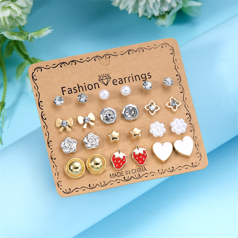 Niche New Style Fashion Combination Earrings Creative 12 Pairs Love Heart Flowers Korean Style Diamond Stud Earrings Suit Female