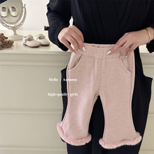 【粉红屋】韩国童装女宝粉色一体绒加厚加绒韩版洋气喇叭裤长裤