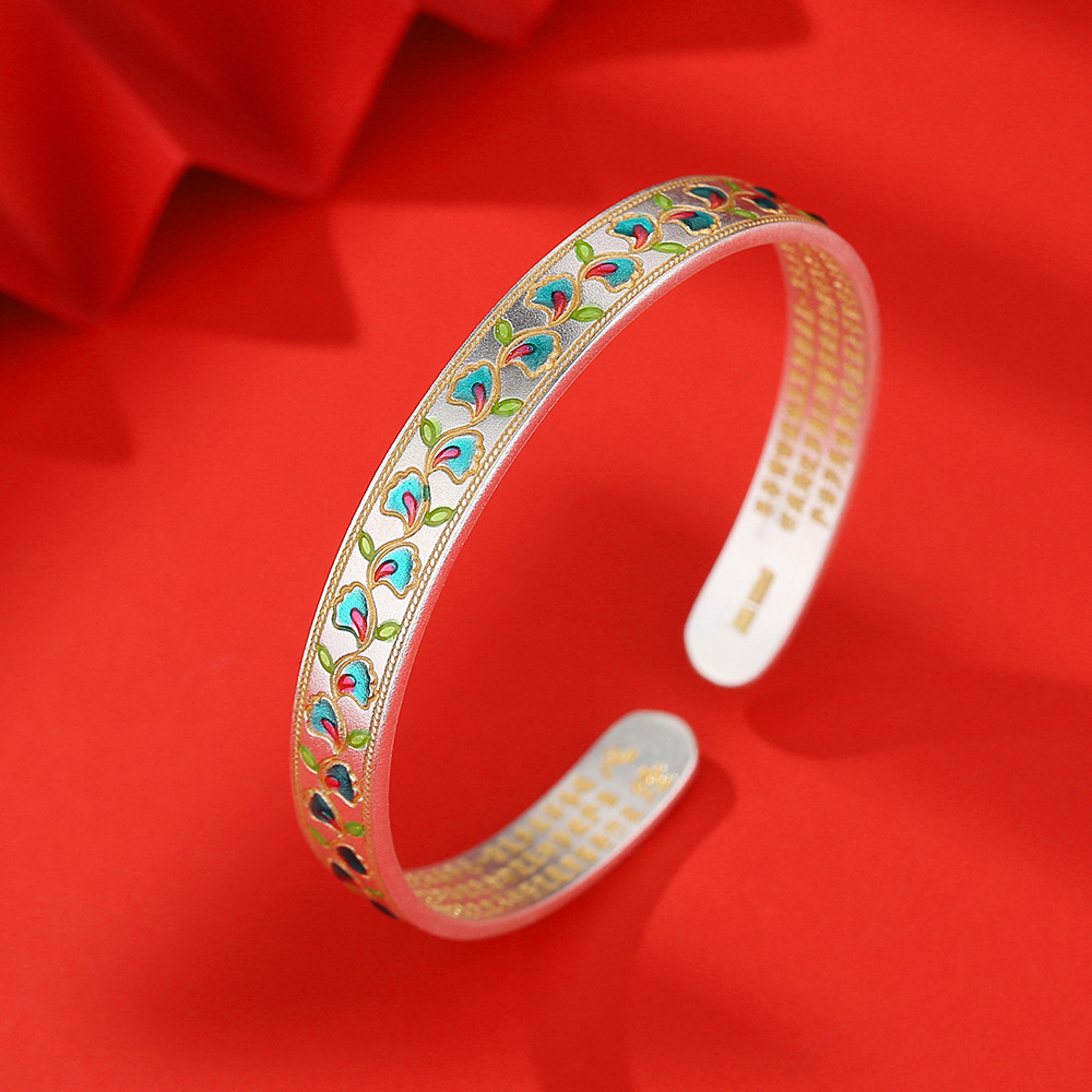 描金景泰蓝花藤心经纯银手镯女足银9999开口新中式高级感实心镯子
