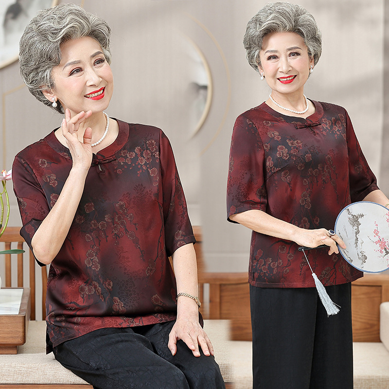 Middle-Aged and Elderly Women's Dress Summer Fashion T-shirt Middle-Aged Women Breathable Short Sleeve Loose New Grandma Top Western Style