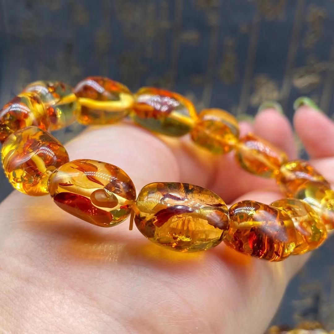 天然琥珀蜜蜡手链花珀随形珠单圈手串形状饱满花景清晰男女款手链