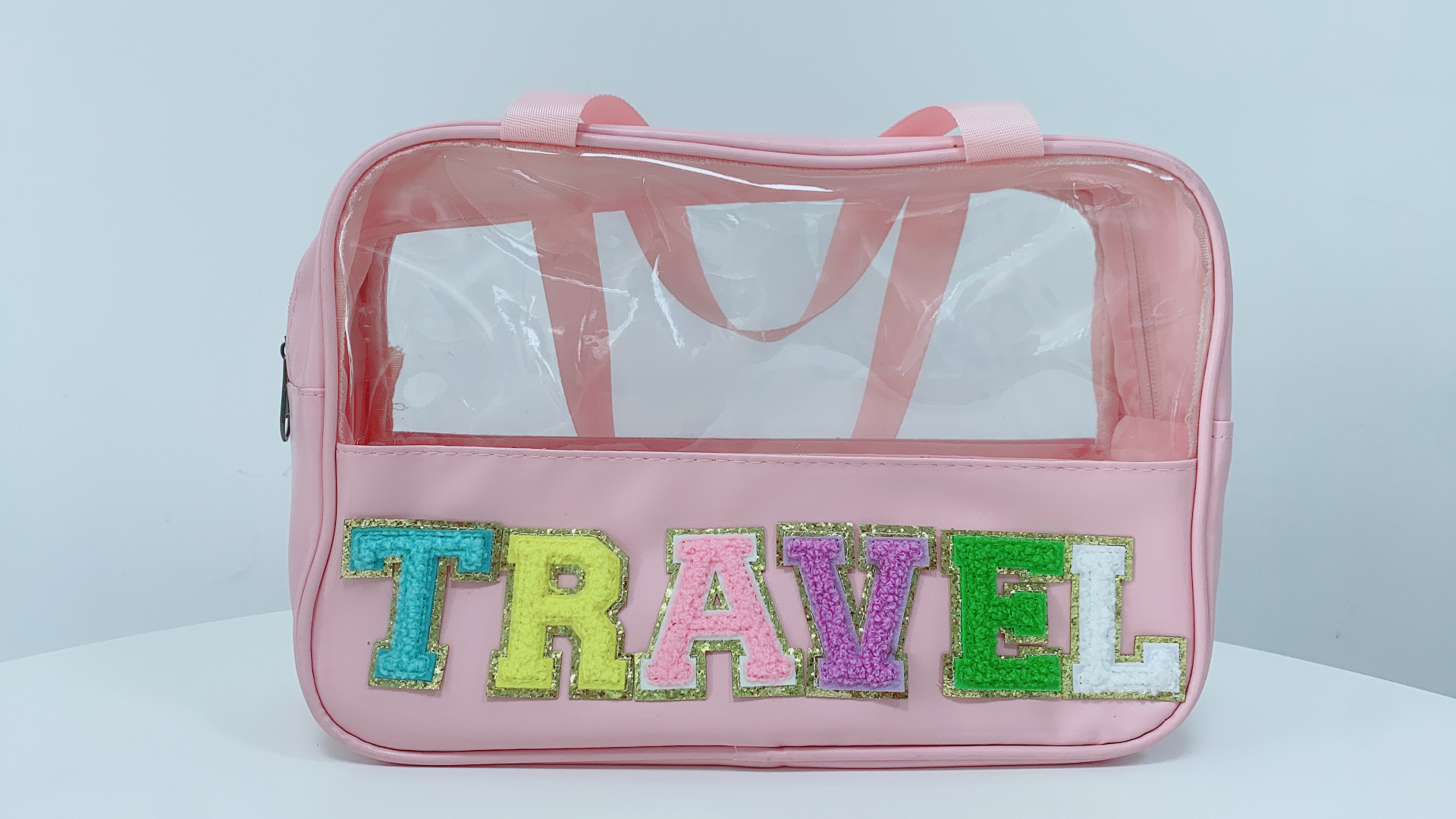 New Waterproof Transparent Pu Letter Embroidery Cosmetic Bag Crossbody Bag Wash Bag Leisure Bag Large Capacity Storage Bag