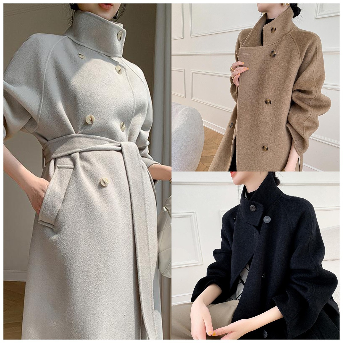 茧型双面羊绒大衣女2023年新款秋冬双排扣黑色中长款高端毛呢外套
