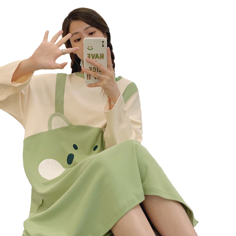 New Cotton Pajamas Women's Long-Sleeved Casual Simple Pullover Nightdress Korean Style Student Sweet Cute Cartoon Homewear