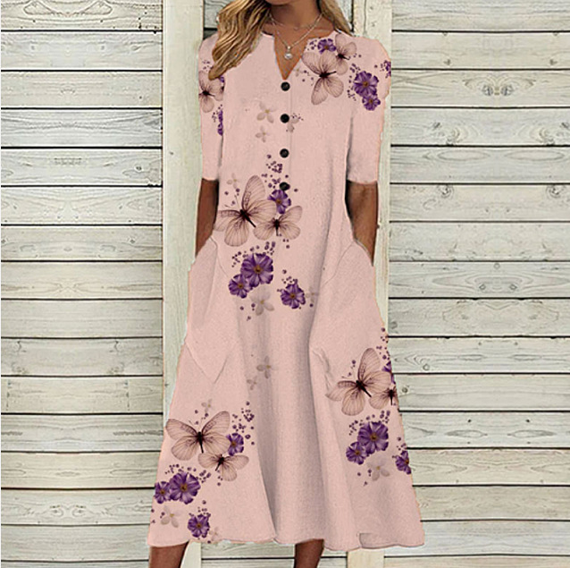 2022 Spring and Summer Amazon Europe and America Cross Border New Women's Printed Pocket V-neck Loose Casual Long Dress Women