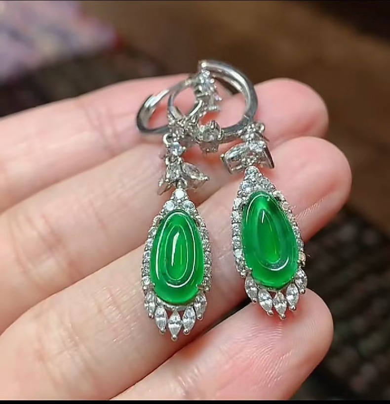 纯天然a货冰阳绿翡翠耳坠银镶嵌 耳钉 包a杨幂同款耳环 送人首选