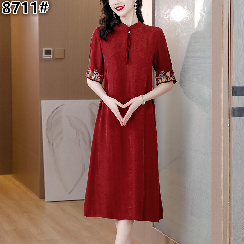 红色香云纱真丝连衣裙女夏季新款喜婆婆高端桑蚕丝裙子中年妈妈装