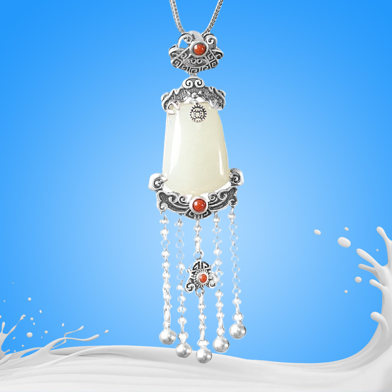 人品银品s925银饰品女式和田玉流苏吊坠做旧长款泰银文艺复古挂坠