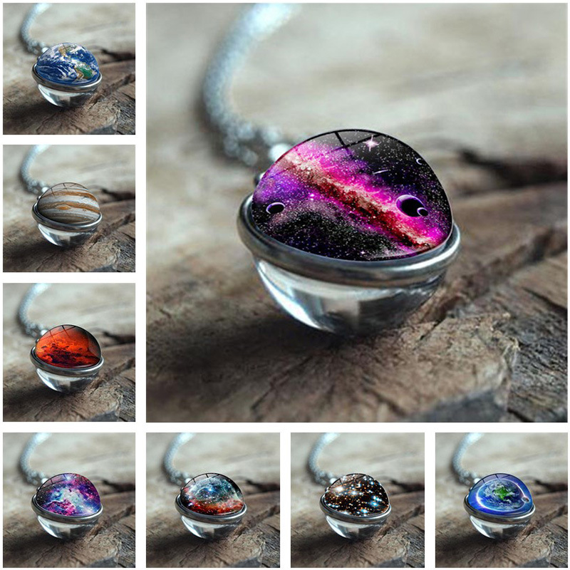 跨境wish宇宙星球时光宝石项链欧美饰品太阳系双面玻璃球吊坠项链