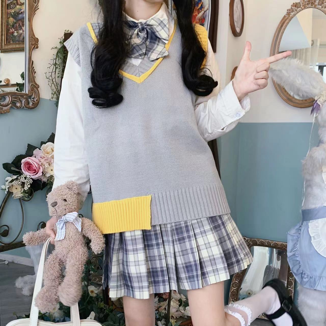 实拍现货 jk柠檬海盐 格裙制服毛衣马甲外套秋季女日系学院风校供