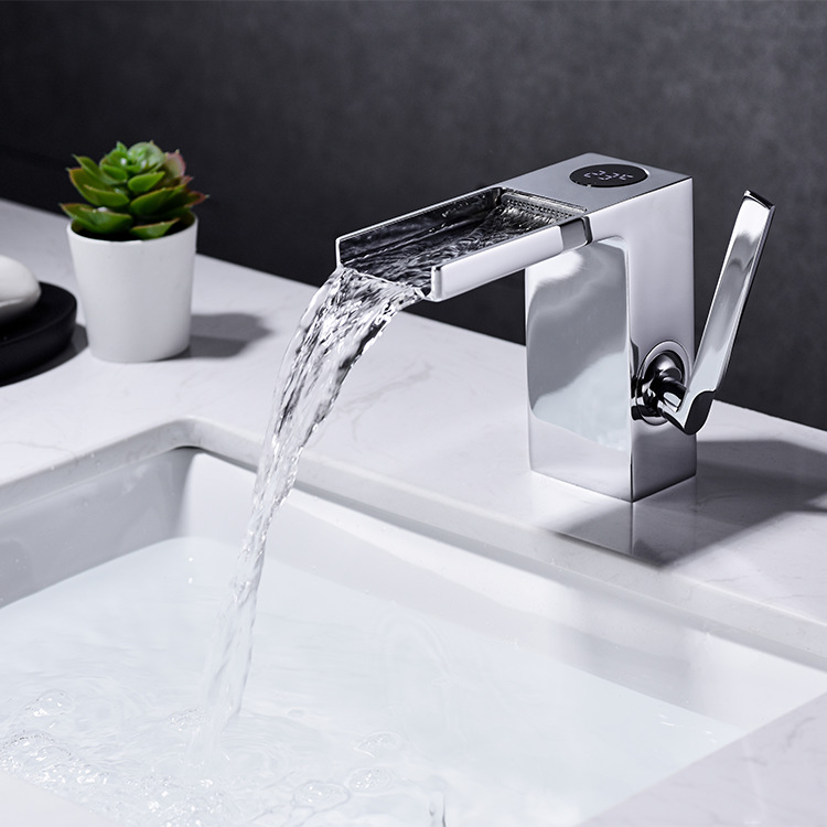 浴室洗脸盆数显温控水龙头双联浴室柜铬色黑色四方自来水冷热水龙