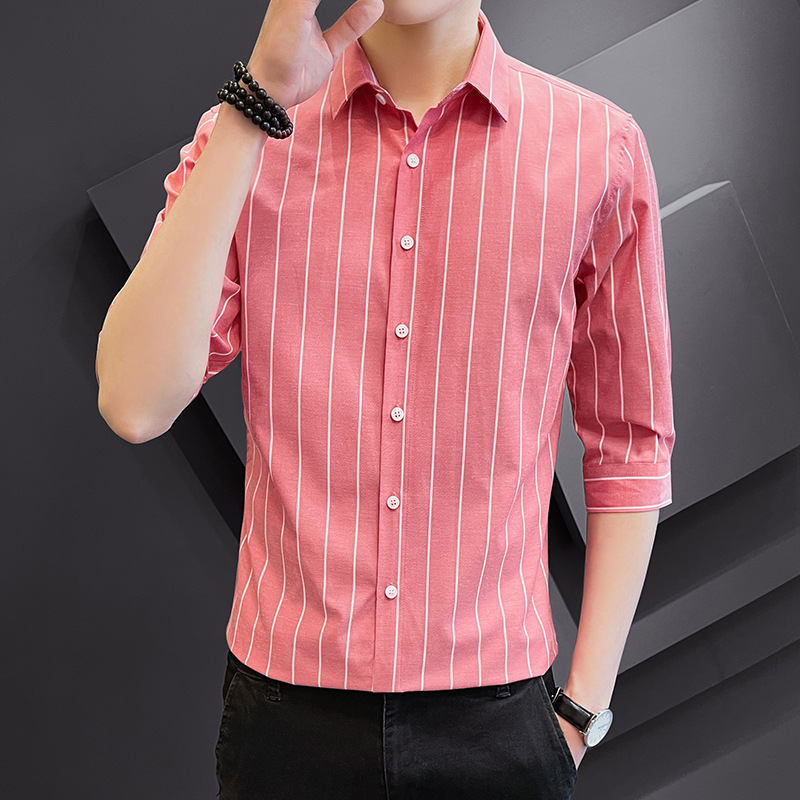 2023 New Striped Shirt Men's Short Sleeve Cropped Shirt Coat Spring and Summer Business Slim-Fit Casual Men's Clothing