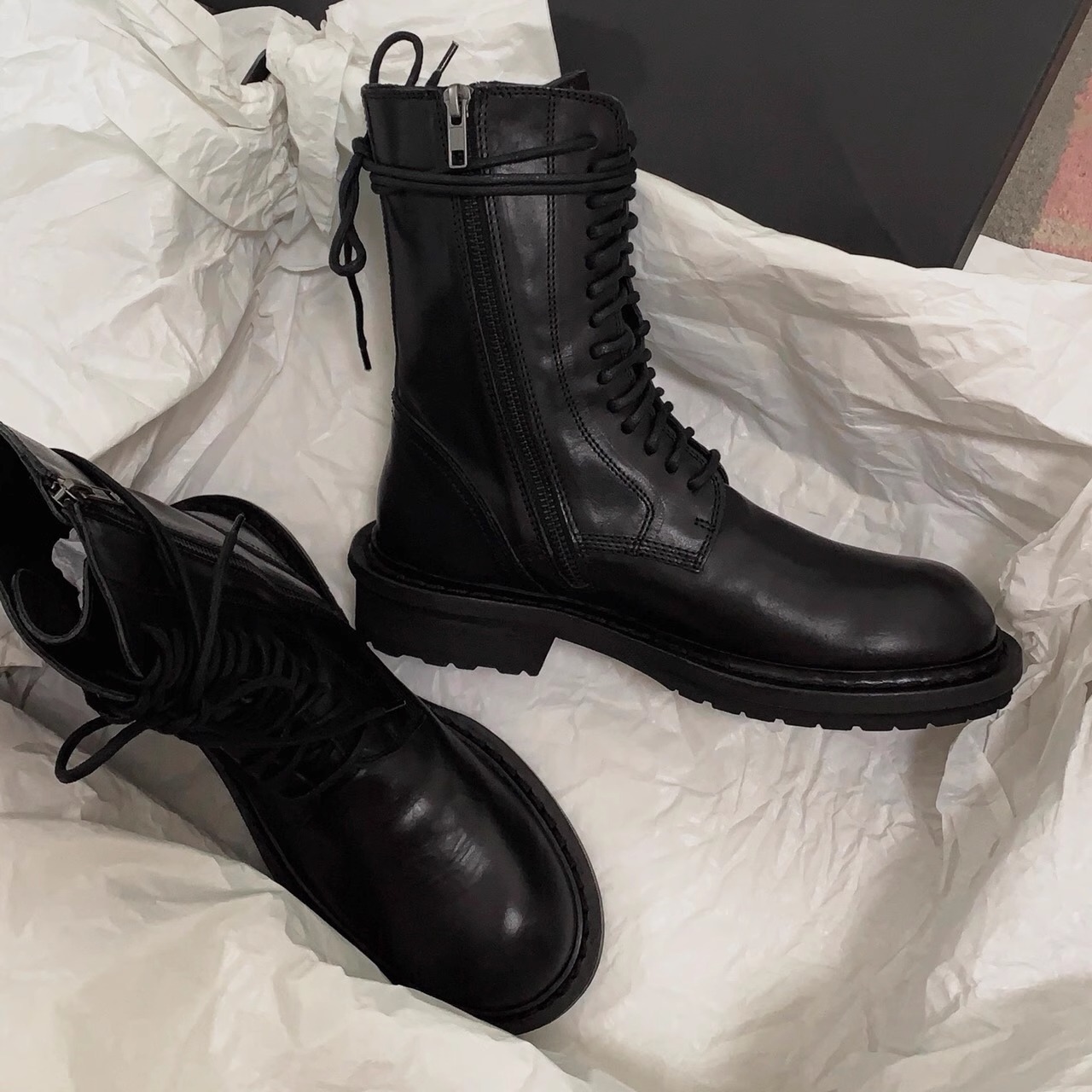 牛皮版~ann帅气黑色机车靴英伦风中筒靴真皮系带马丁靴厚底短靴女