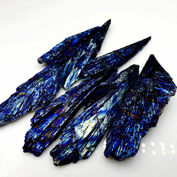跨境直销天然电镀黑碧玺蓝色孔雀火焰羽毛 天然彩虹晶簇矿物标本