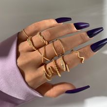亚马逊跨境时尚饰品 镶钻蛇形开口戒指套装 几何不规则戒指九件套