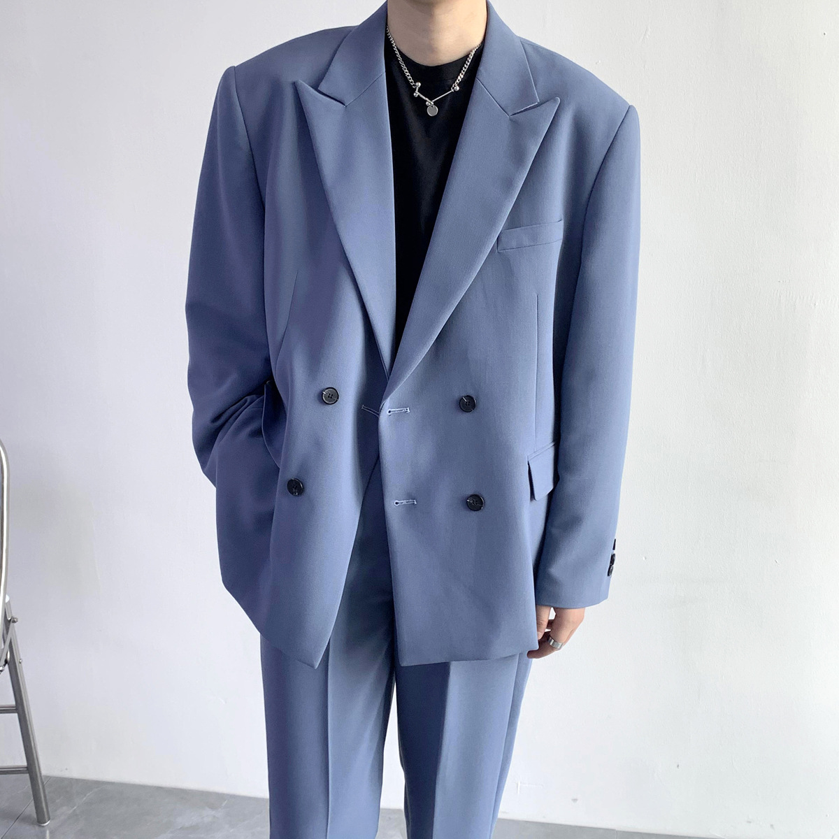 男士西装两件套日系宽松版休闲西服 裤子套装 垂感面料双排扣西装