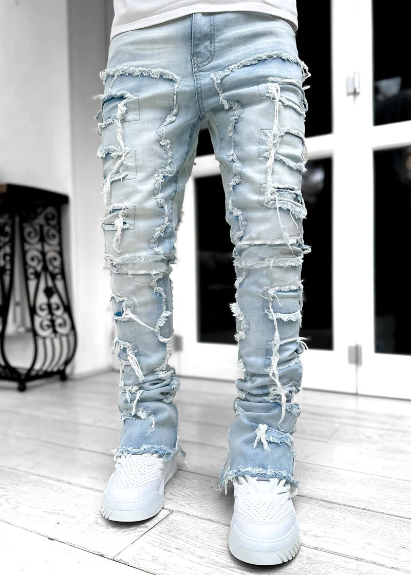 Cross-Border New Arrival Men's Denim Straight-Leg Pants European and American Street Fashion Ins Popular Elastic Patch Denim Straight-Leg Pants