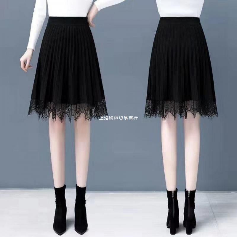 春秋新款针织半身裙女春季裙子高腰蕾丝百褶裙中长字纱裙打底裙