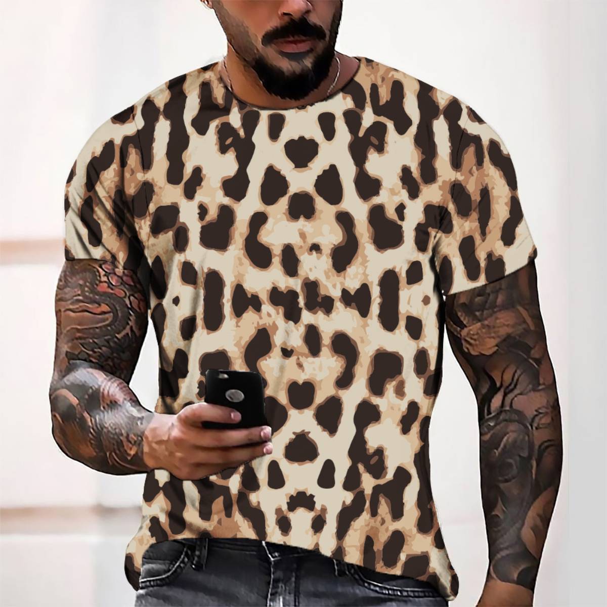 2022wish跨境新款夏3d数码印花豹纹男休闲宽松短袖t恤