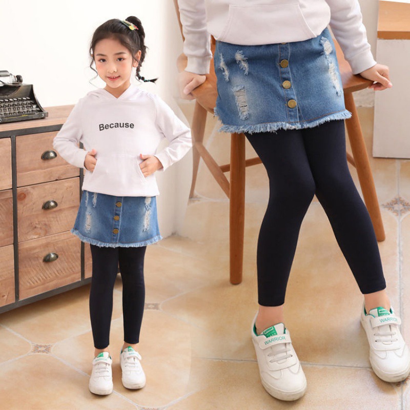 春装女童假两件裙裤秋儿童弹力牛仔长裤裙外穿韩版中大童打底裤