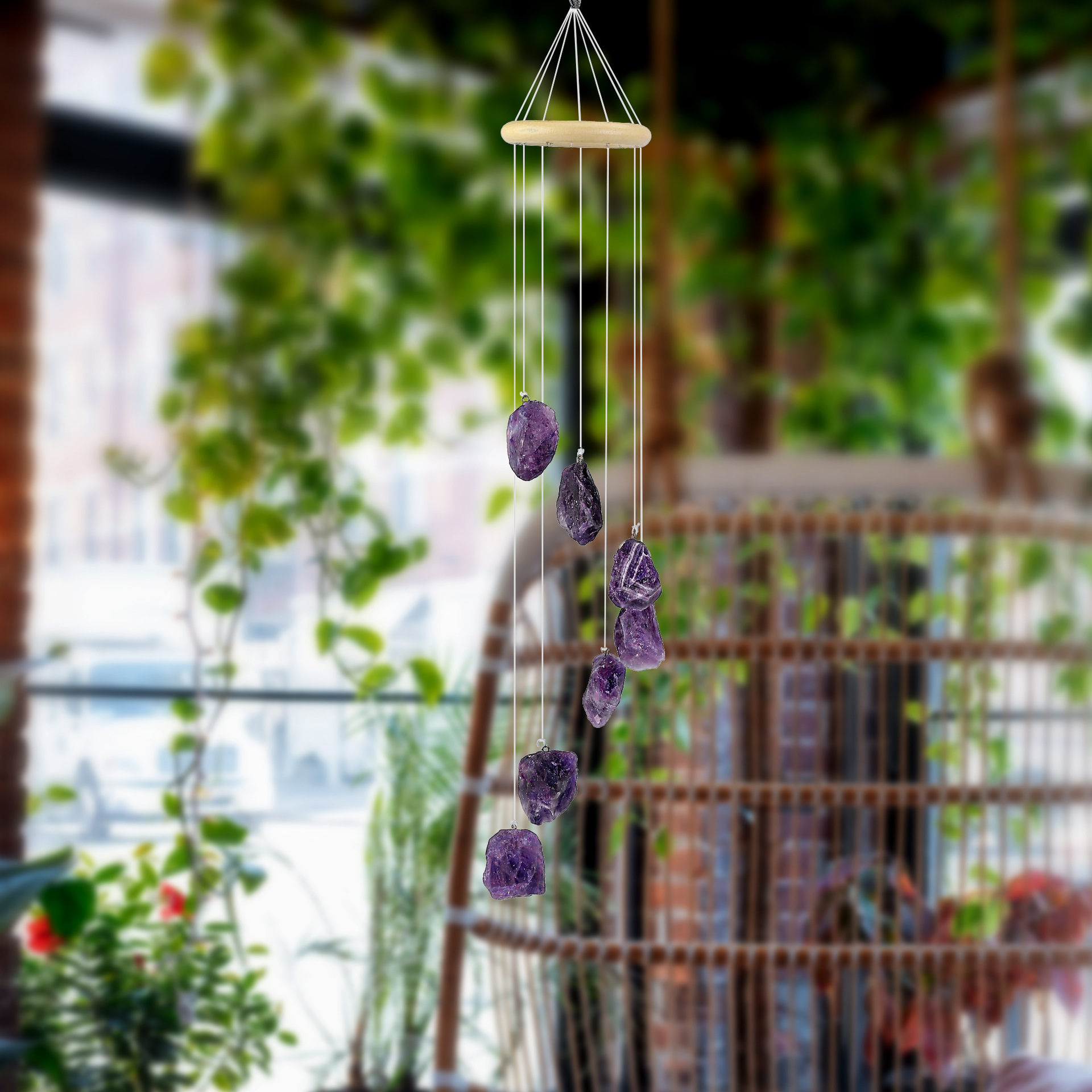 紫水晶能量水晶风铃窗边墙边家居挂饰粉晶桃花水晶风铃