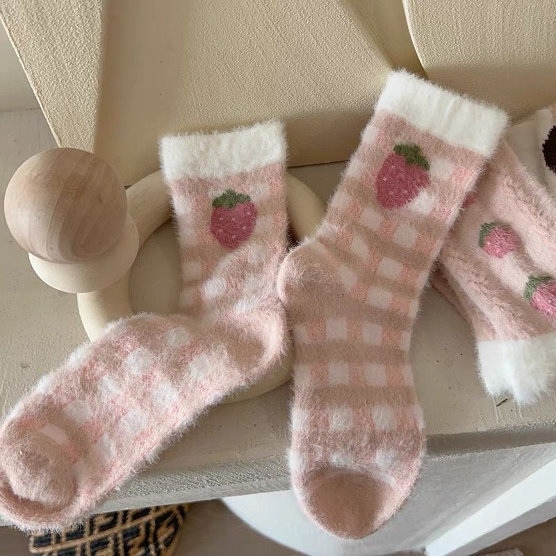 Dehaired Angora Socks for Women Autumn and Winter Thick Warm Sleeping Socks Room Socks Plush Soft Pink Strawberry Girl Cute