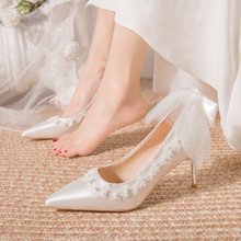 2023新款高级感时装鞋蕾丝蝴蝶结高跟新娘鞋珍珠细跟宴会鞋婚礼鞋