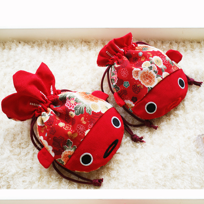 日本金鱼收纳福袋小布袋 红色喜庆 和风布艺尾巴束口袋抽绳批发