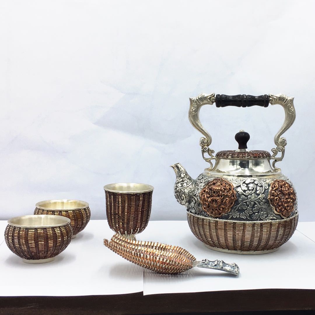 云南鹤庆文彬银器 6件银茶器套装 999银非遗传承人大师作品