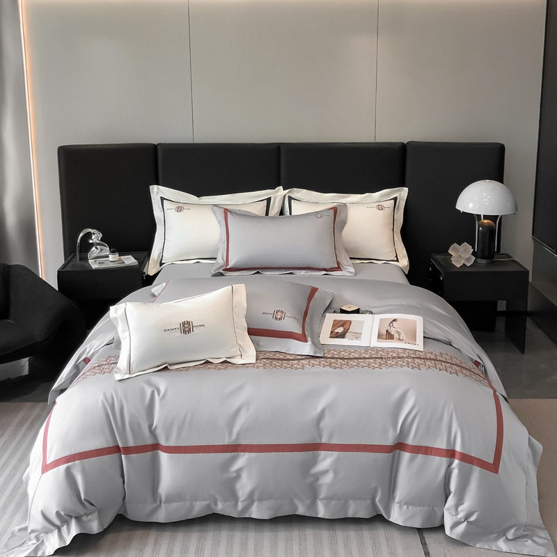 炫耀 水星家纺四件套 100支长绒棉四件套纯色刺绣正品轻奢四件套